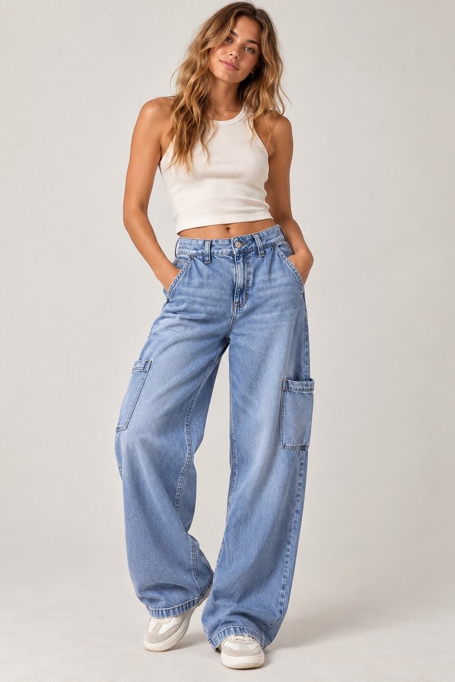 American Eagle Super High Rise Baggy Wide Leg Cargo Jeans Light Wash Size 6